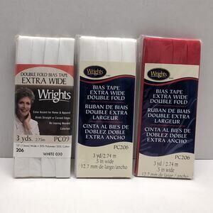 Lot of 3 Wrights Extra Wide Double Fold Bias Tape Quilt Binding White Red